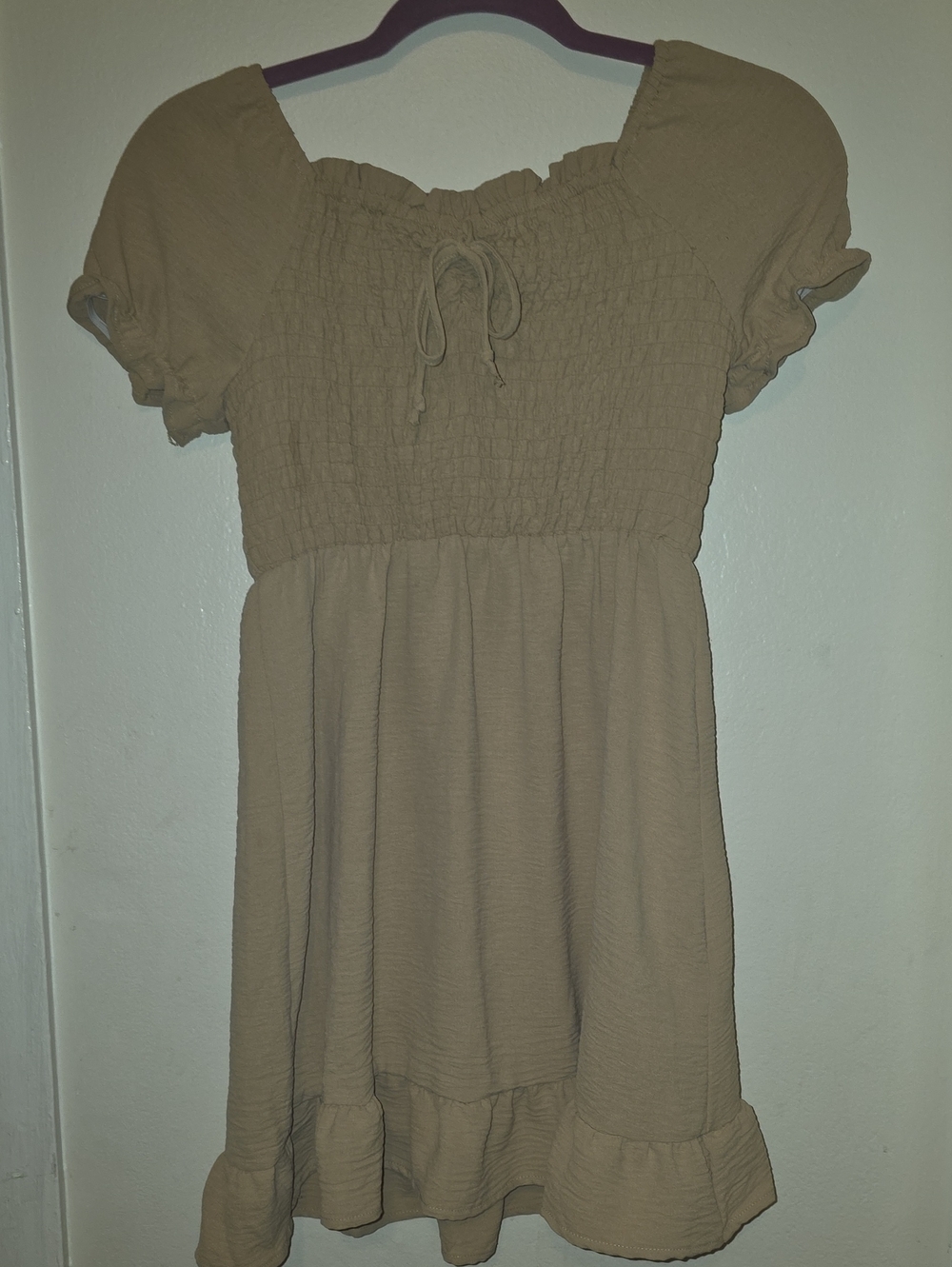 Girls Beige Smocked Puff-Sleeve Tunic Dress
